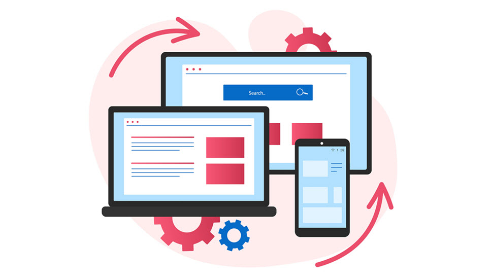 A visual representation of a well-structured website interface emphasizing clear navigation, readable text, and balanced layout. Use icons for different devices (desktop, tablet, mobile) to show responsiveness. The style should be clean, organized, and professional.