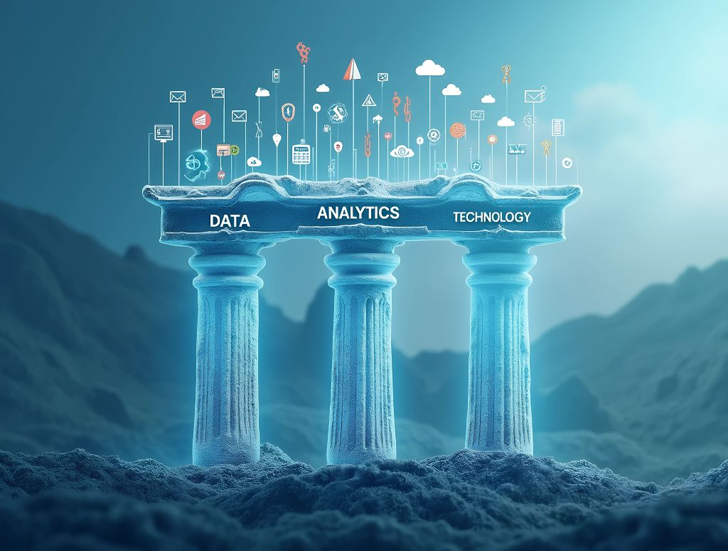A conceptual image illustrating three interconnected pillars. One pillar represents “Data” with icons like diverse data points and databases. The second pillar represents “Analytics” with charts, graphs, and AI symbols. The third pillar represents “Technology” with cloud icons, servers, and network connections. The pillars are subtly integrated into a financial landscape background.