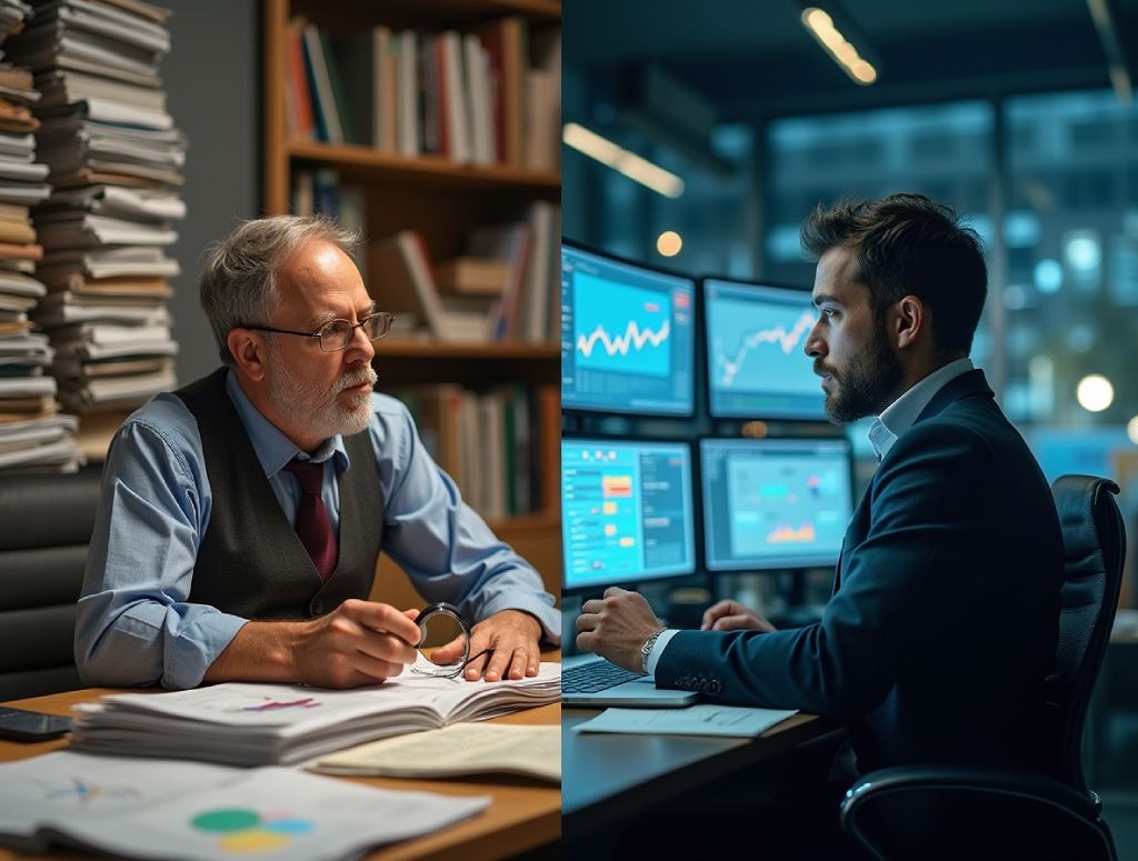 a_split_image_on_one_side_an_old-fashioned_financial_analyst_surrounded_by_stacks_of_paper_and_news