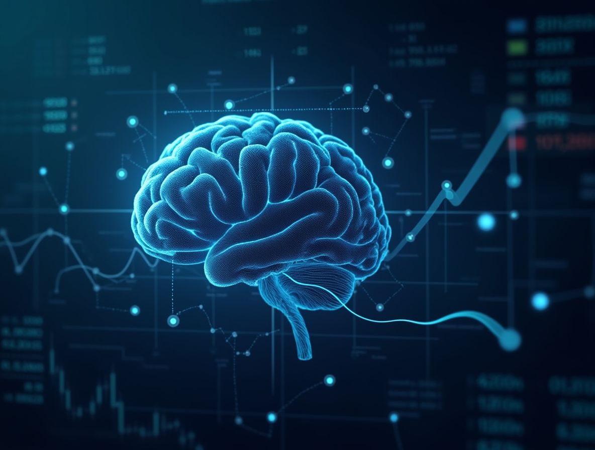 A conceptual image showing a brain-like neural network superimposed over financial data (charts, graphs, numbers). Wires and light beams connect the neural network to symbols representing AI (robots, algorithms) and ML (learning curve, data points). The overall impression is intelligent processing of financial information.